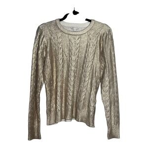 Crown & Ivy Womens Gold Shimmer Cable Knit Sweater Crew Neck Metallic Small